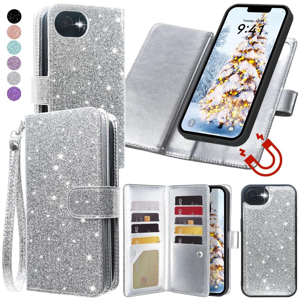 IPhone 17e / IPhone 16e Wallet Case Detachable Glitter Wrist Strap, 20E-188PH006